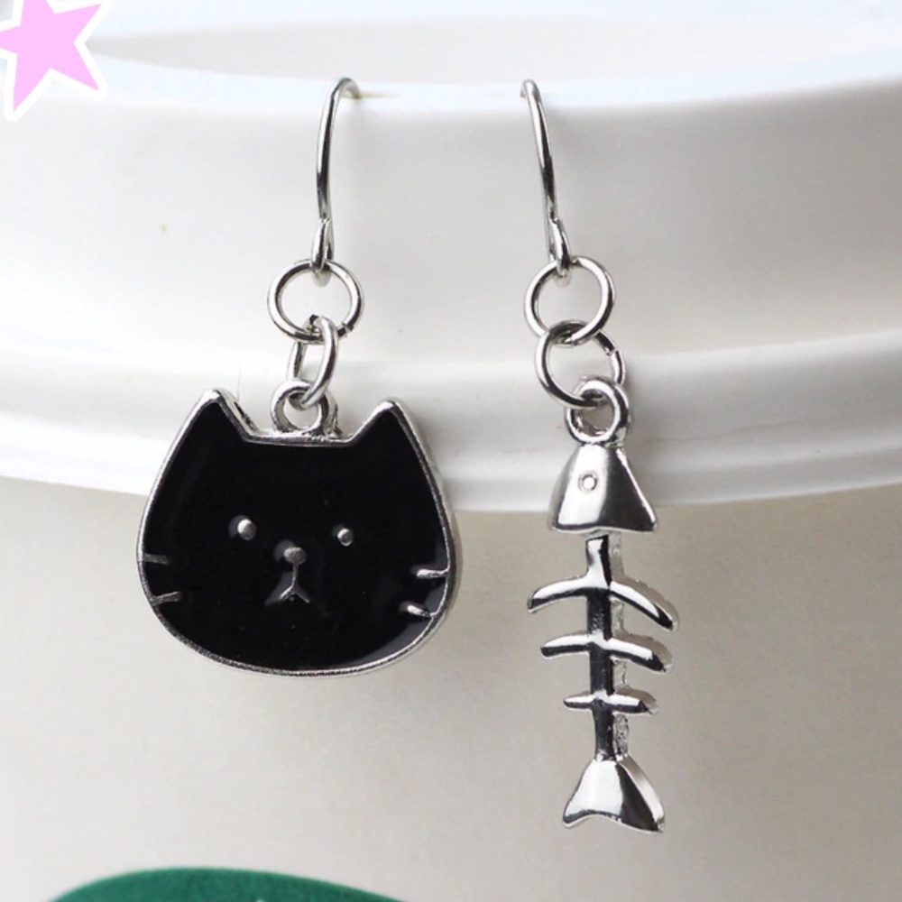Black Cat and Bone Earrings Silver NEW